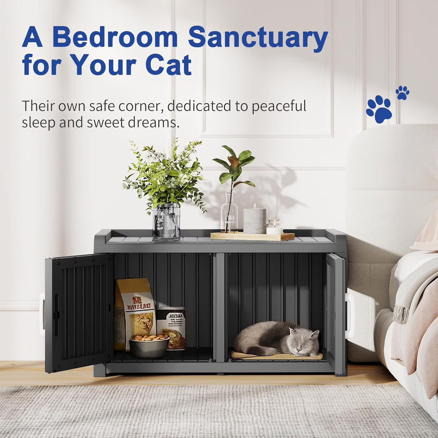 Joxxoaa Resin Outdoor Cat House with Storage Top, Weatherproof Ventilated Pet Shelter for Cats, Kittens and Small Puppies.Black.