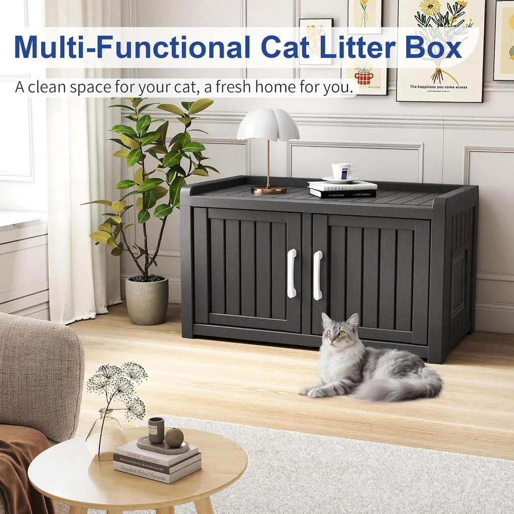 Joxxoaa Resin Outdoor Cat House with Storage Top, Weatherproof Ventilated Pet Shelter for Cats, Kittens and Small Puppies.Black.