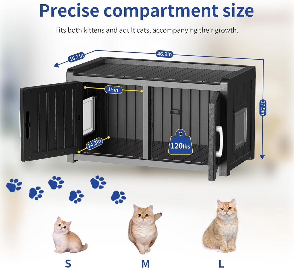 Joxxoaa Resin Outdoor Cat House with Storage Top, Weatherproof Ventilated Pet Shelter for Cats, Kittens and Small Puppies.Black.