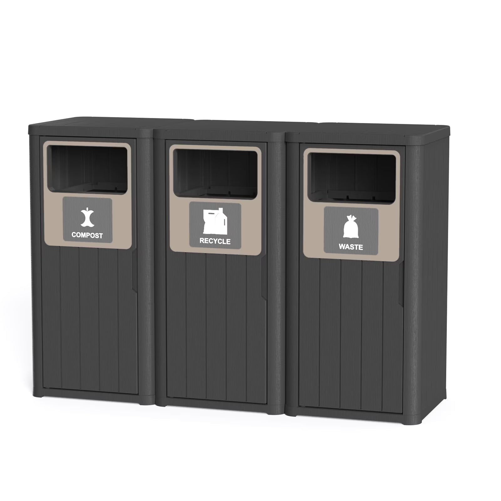 Joxxoaa Outdoor Three Barrel Trash Can,Waterproof Resin Garbage Can with Garbage Labels,Durable Waste Bin for Porch, Backyard,Kitchen,for 30 to 39 Gallon Trash Bags(Black)
