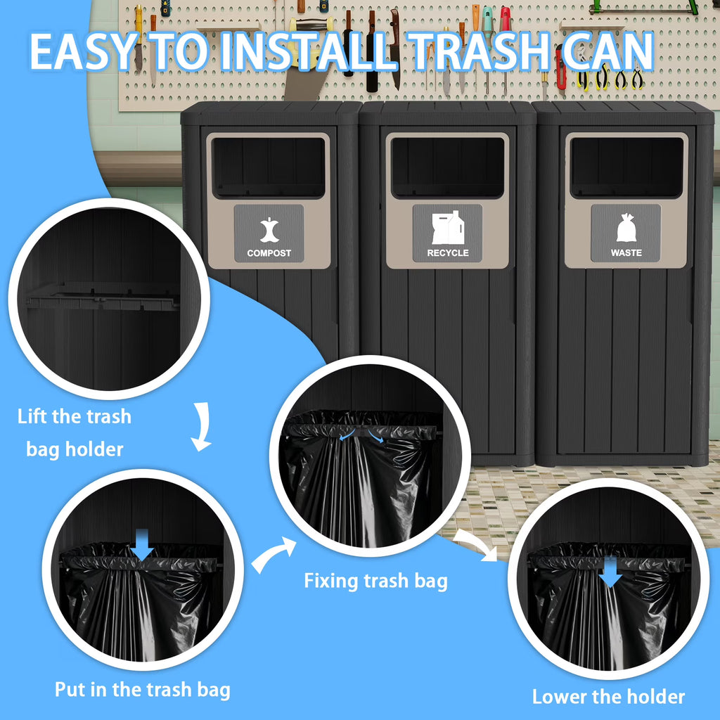 Joxxoaa Outdoor Three Barrel Trash Can,Waterproof Resin Garbage Can with Garbage Labels,Durable Waste Bin for Porch, Backyard,Kitchen,for 30 to 39 Gallon Trash Bags(Black)
