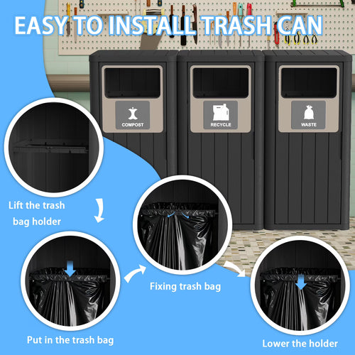 Joxxoaa Outdoor Three Barrel Trash Can,Waterproof Resin Garbage Can with Garbage Labels,Durable Waste Bin for Porch, Backyard,Kitchen,for 30 to 39 Gallon Trash Bags(Black)