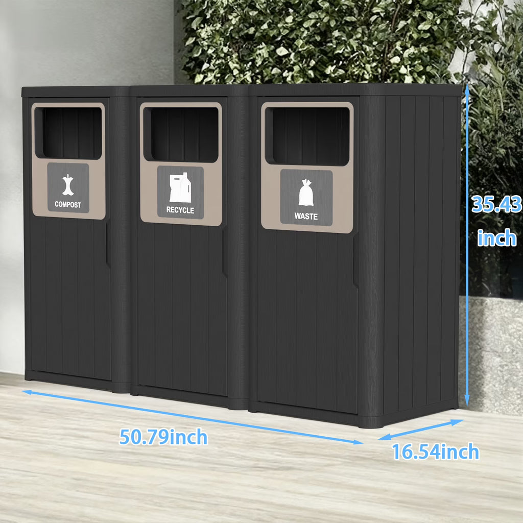 Joxxoaa Outdoor Three Barrel Trash Can,Waterproof Resin Garbage Can with Garbage Labels,Durable Waste Bin for Porch, Backyard,Kitchen,for 30 to 39 Gallon Trash Bags(Black)