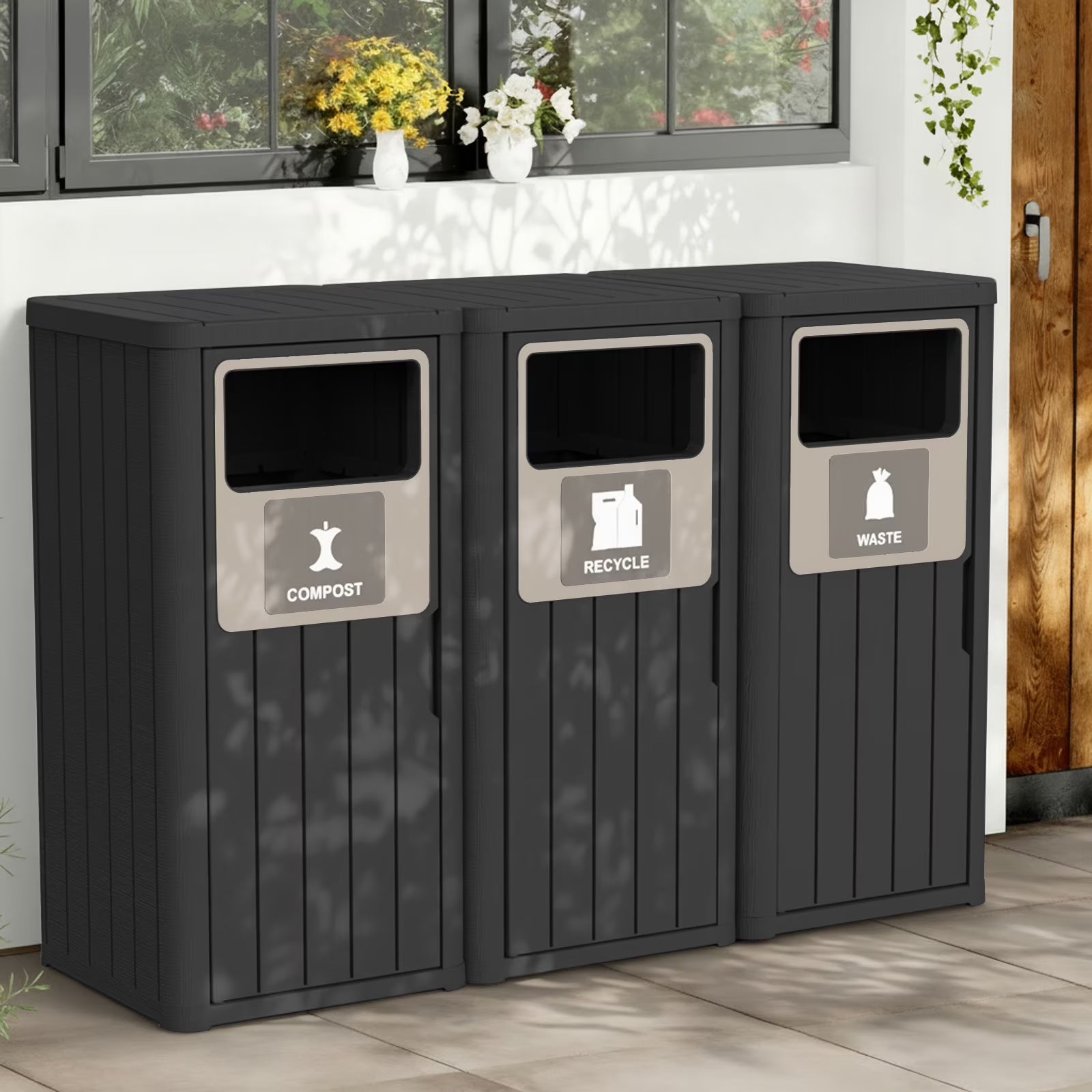 Joxxoaa Outdoor Three Barrel Trash Can,Waterproof Resin Garbage Can with Garbage Labels,Durable Waste Bin for Porch, Backyard,Kitchen,for 30 to 39 Gallon Trash Bags(Black)
