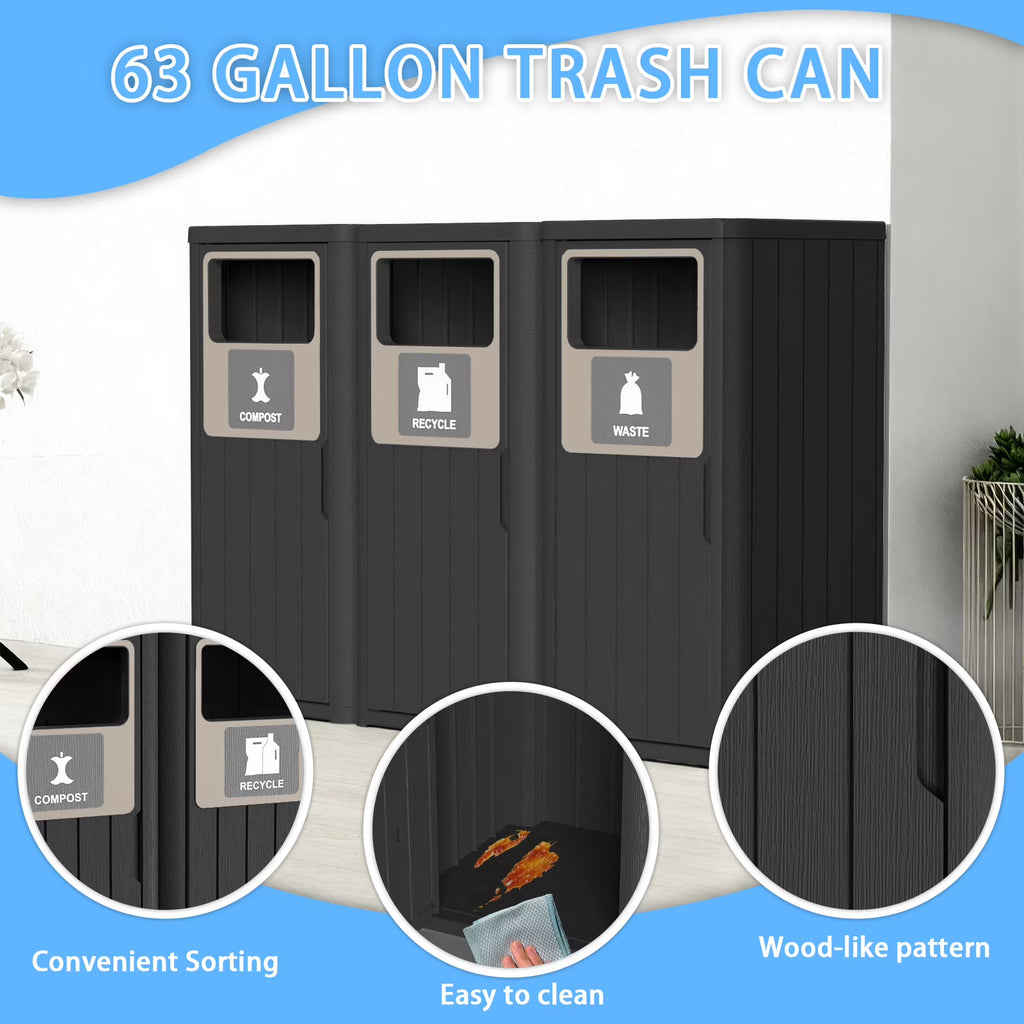 Joxxoaa Outdoor Three Barrel Trash Can,Waterproof Resin Garbage Can with Garbage Labels,Durable Waste Bin for Porch, Backyard,Kitchen,for 30 to 39 Gallon Trash Bags(Black)