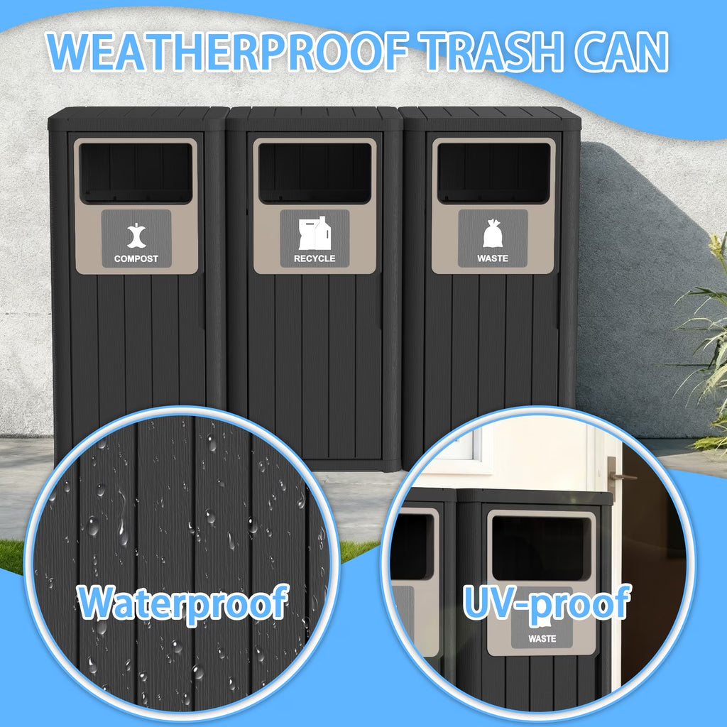 Joxxoaa Outdoor Three Barrel Trash Can,Waterproof Resin Garbage Can with Garbage Labels,Durable Waste Bin for Porch, Backyard,Kitchen,for 30 to 39 Gallon Trash Bags(Black)