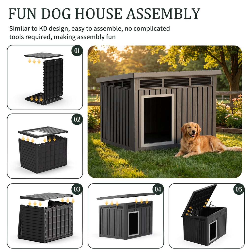 Joxxoaa Dog House for Both Indoor and Outdoor with Weatherproof Roof Removable Floors for Medium to Large Dogs Interior (Black).