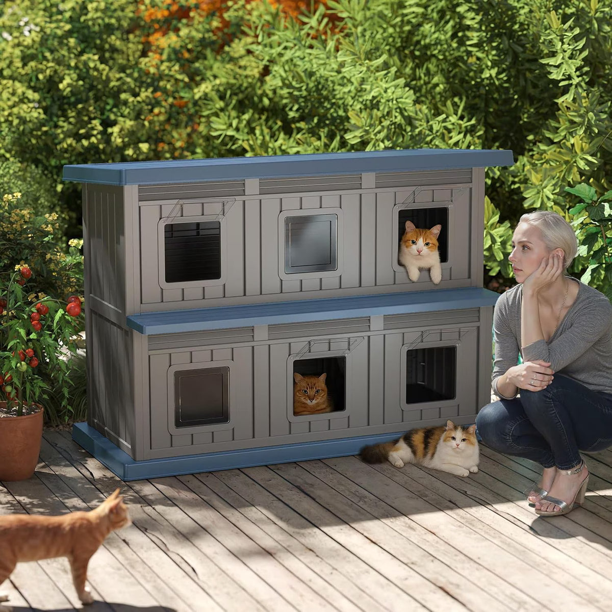 Joxxoaa Outdoor resin weatherproof cat house,ventilated and insulated for Cats,Kittens,Puppies,washable,easy to assemble,scratch and bite-resistant,non-stick to hair (blue)