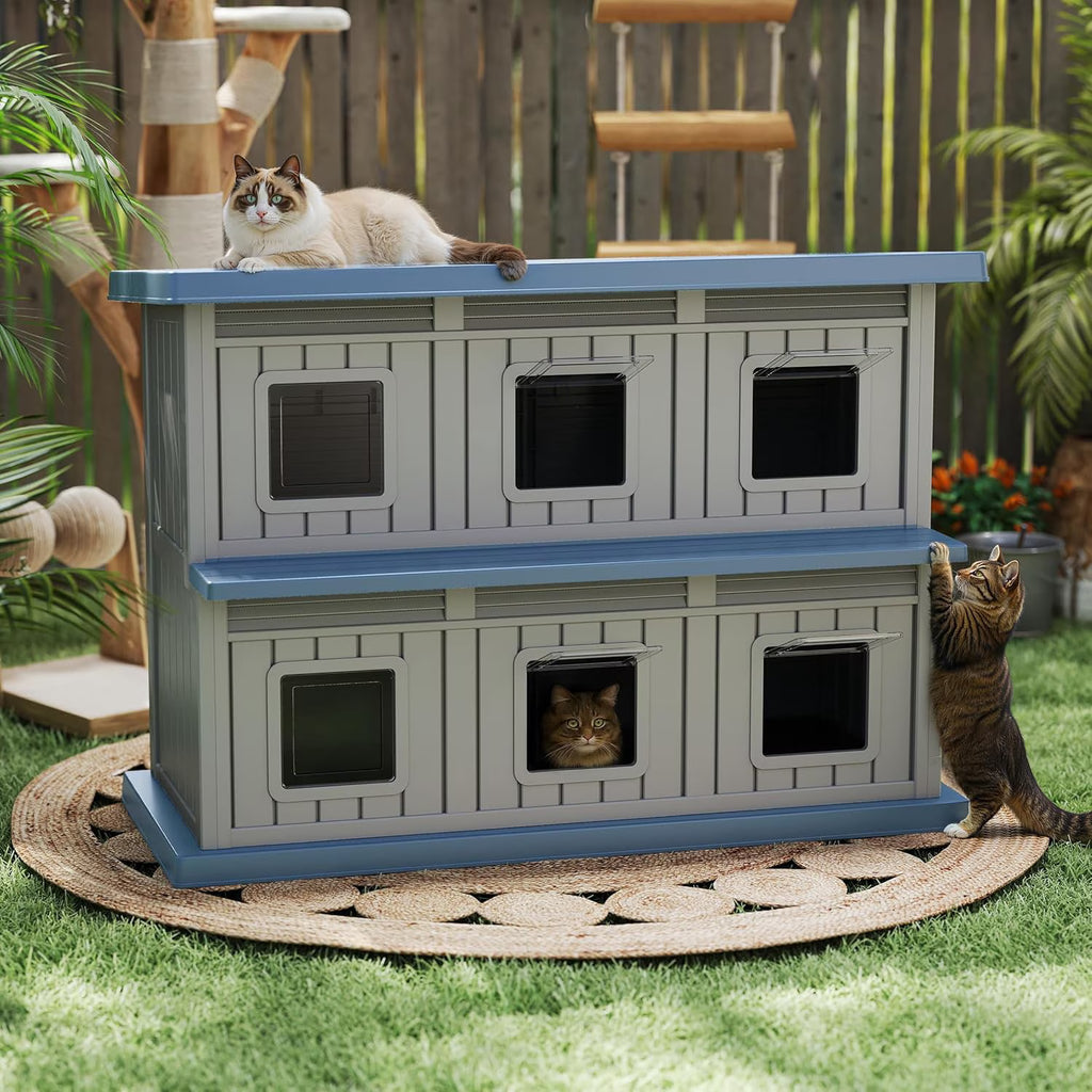 Joxxoaa Outdoor resin weatherproof cat house,ventilated and insulated for Cats,Kittens,Puppies,washable,easy to assemble,scratch and bite-resistant,non-stick to hair (blue)