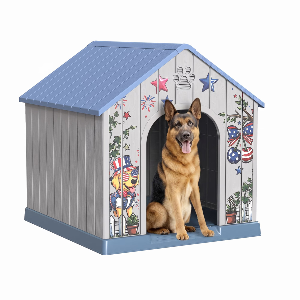Joxxoaa Outdoor printed plastic doghouse, weather-resistant pet bed, American-style printed ventilated dog kennel, suitable for medium to large dogs, suitable for both indoor and outdoor use.