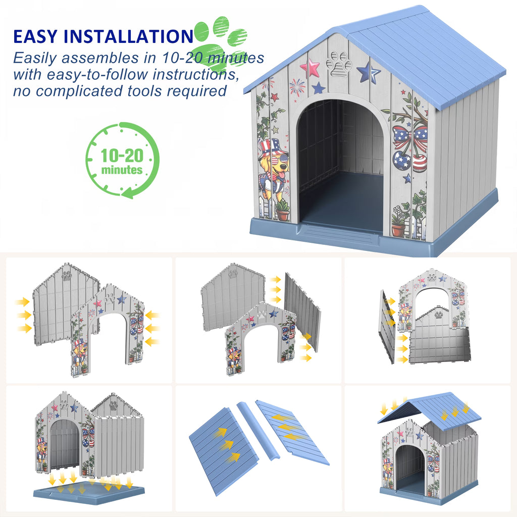 Joxxoaa Outdoor printed plastic doghouse, weather-resistant pet bed, American-style printed ventilated dog kennel, suitable for medium to large dogs, suitable for both indoor and outdoor use.