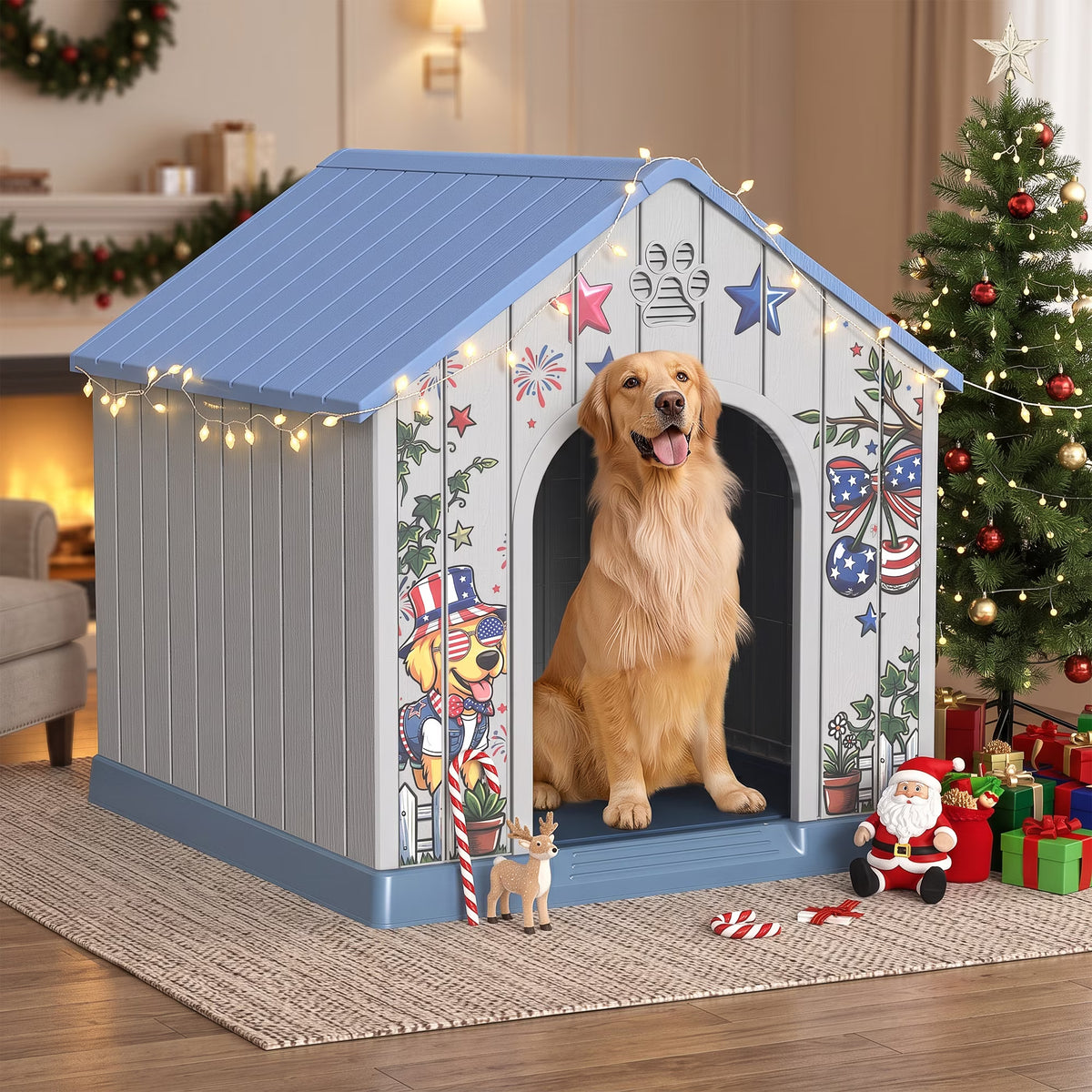 Joxxoaa Outdoor printed plastic doghouse, weather-resistant pet bed, American-style printed ventilated dog kennel, suitable for medium to large dogs, suitable for both indoor and outdoor use.