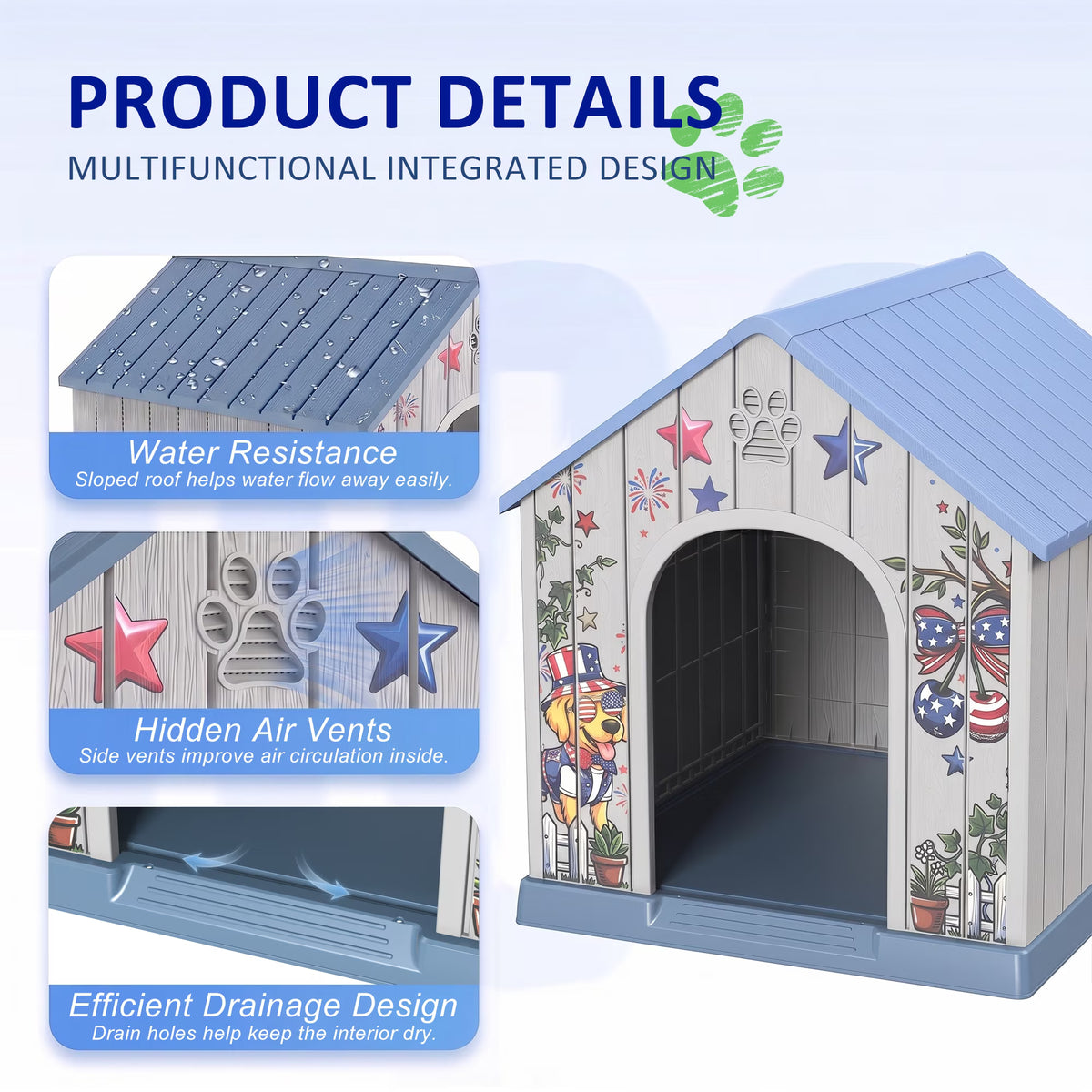 Joxxoaa Outdoor printed plastic doghouse, weather-resistant pet bed, American-style printed ventilated dog kennel, suitable for medium to large dogs, suitable for both indoor and outdoor use.