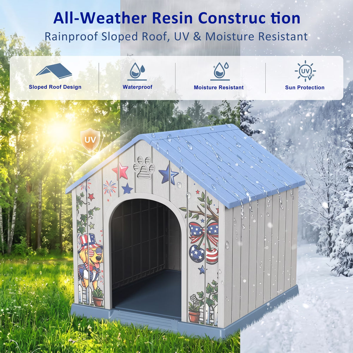 Joxxoaa Outdoor printed plastic doghouse, weather-resistant pet bed, American-style printed ventilated dog kennel, suitable for medium to large dogs, suitable for both indoor and outdoor use.