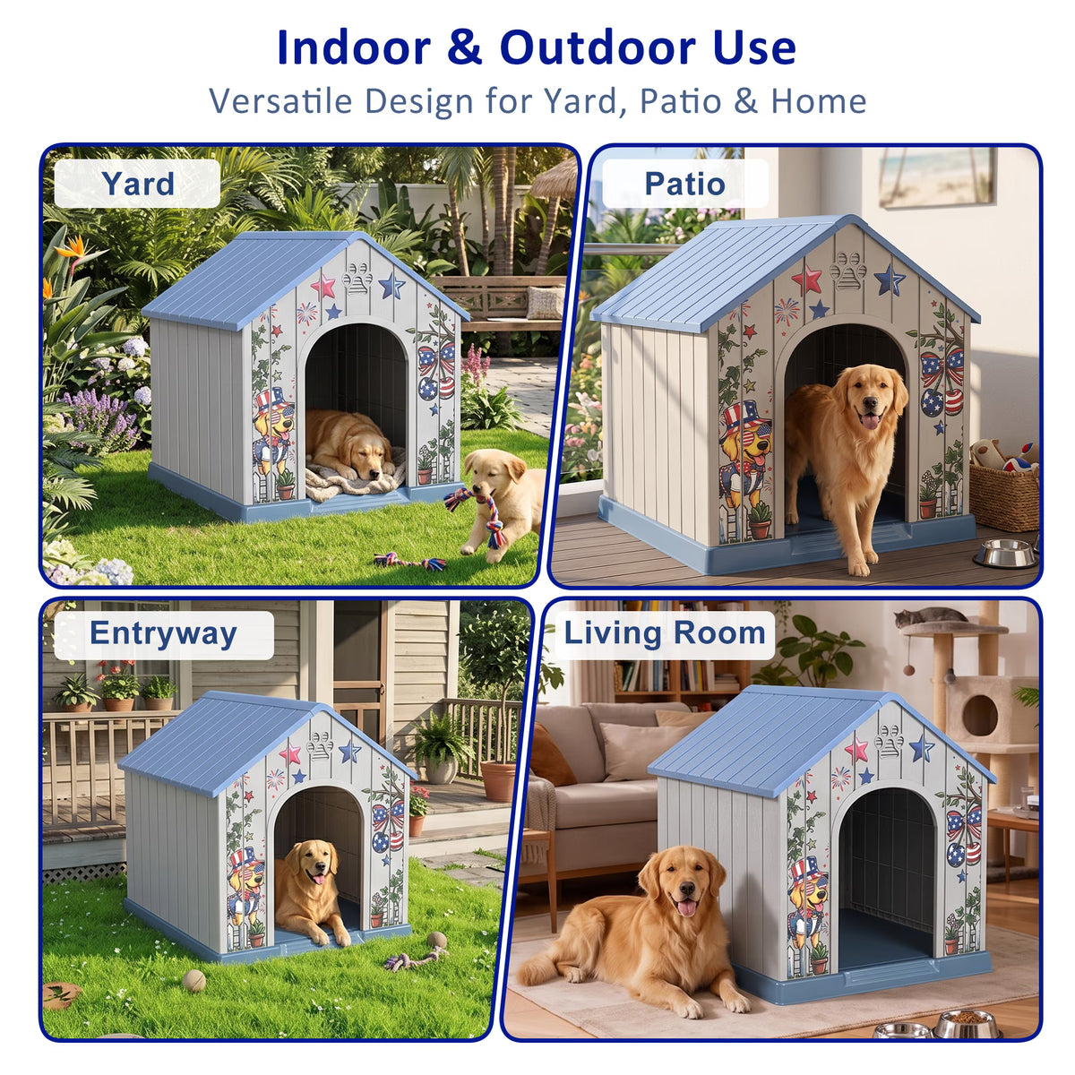 Joxxoaa Outdoor printed plastic doghouse, weather-resistant pet bed, American-style printed ventilated dog kennel, suitable for medium to large dogs, suitable for both indoor and outdoor use.