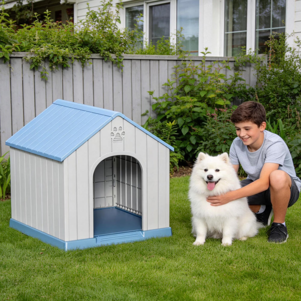 Joxxoaa Large Dog House Indoor Outdoor Waterproof,Puppy Shelter with Air Vents and Elevated Floor,Sturdy Dog Kennel for Small to Large Sized Dogs, Easy to Assemble (Blue)