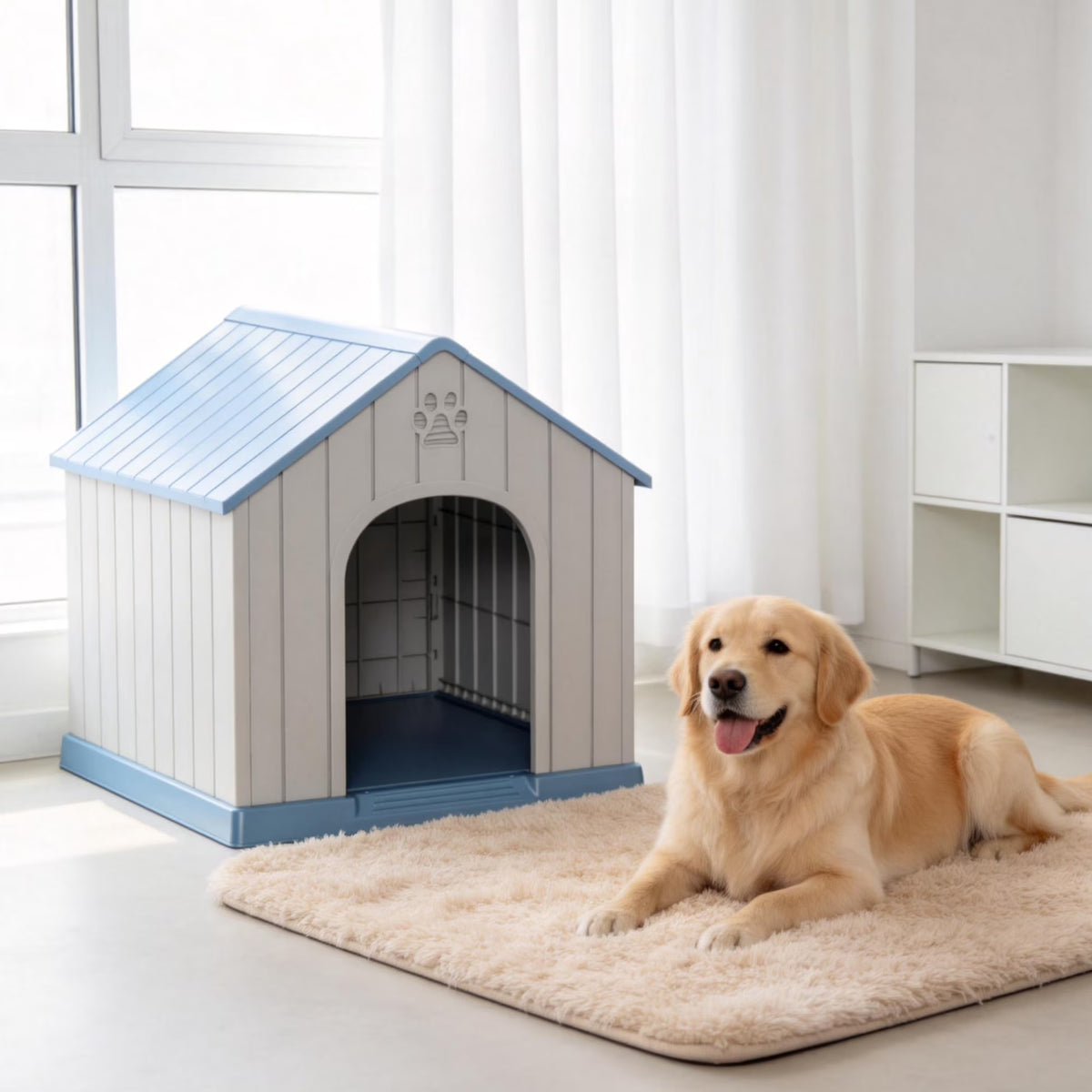 Joxxoaa Large Dog House Indoor Outdoor Waterproof,Puppy Shelter with Air Vents and Elevated Floor,Sturdy Dog Kennel for Small to Large Sized Dogs, Easy to Assemble (Blue)