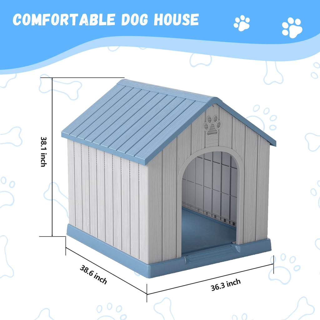 Joxxoaa Large Dog House Indoor Outdoor Waterproof,Puppy Shelter with Air Vents and Elevated Floor,Sturdy Dog Kennel for Small to Large Sized Dogs, Easy to Assemble (Blue)