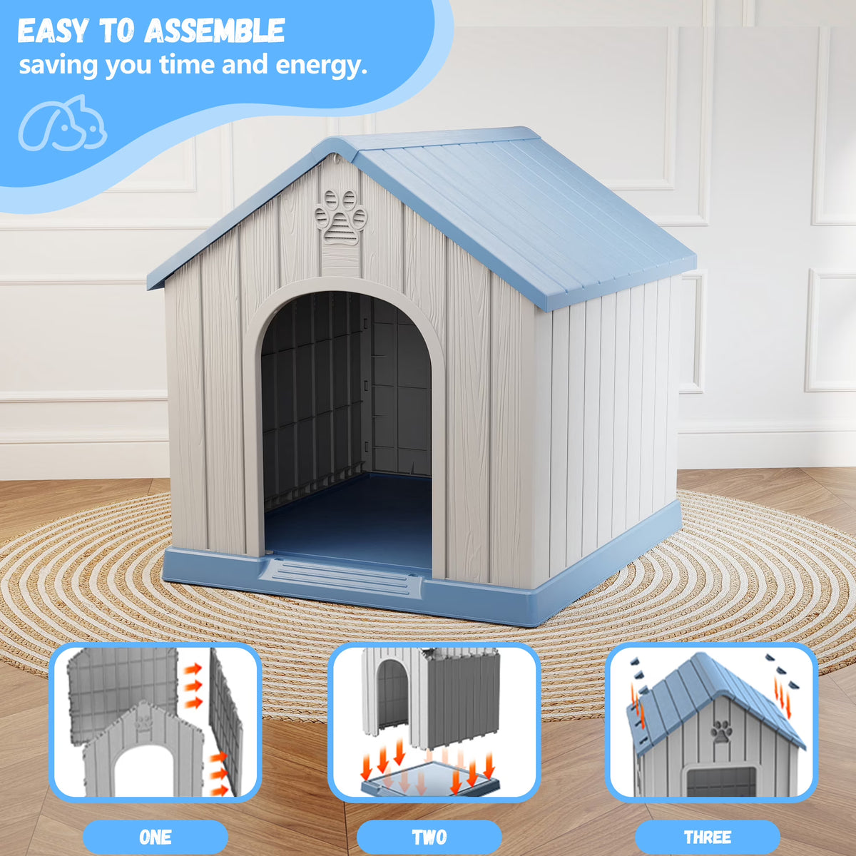 Joxxoaa Large Dog House Indoor Outdoor Waterproof,Puppy Shelter with Air Vents and Elevated Floor,Sturdy Dog Kennel for Small to Large Sized Dogs, Easy to Assemble (Blue)