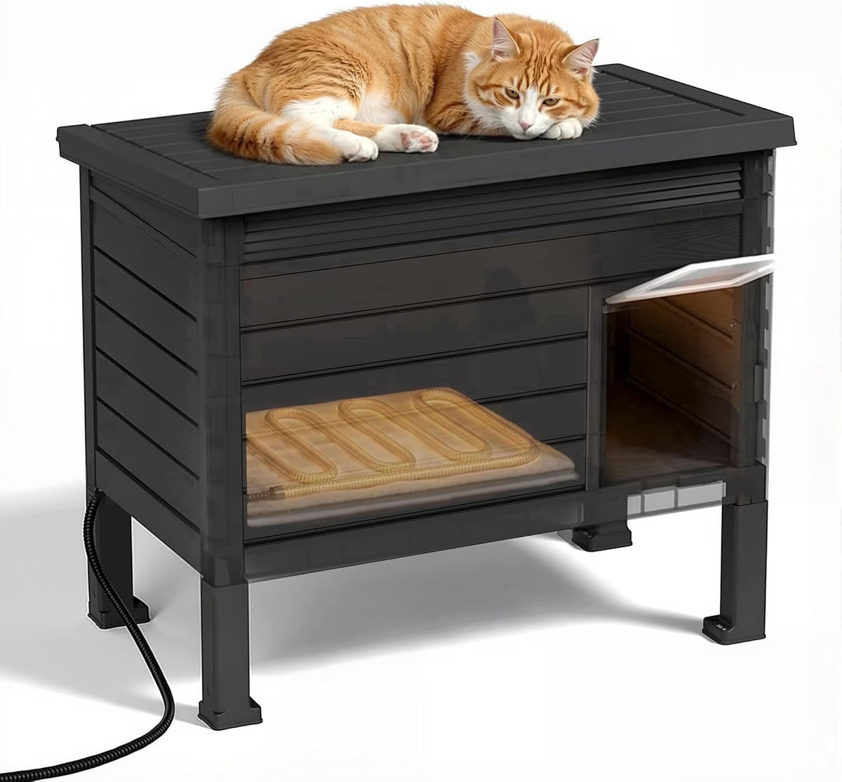 Joxxoaa Outdoor Resin Weatherproof Insulated Elevated Cat House Cabinet with Mat, Ventilated Scratch Resistant Washable Pet Shelter for Cats Kittens Puppies, Black.