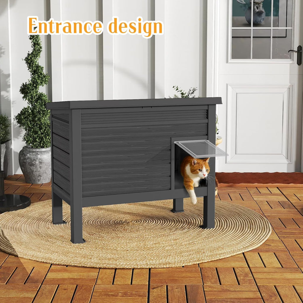 Joxxoaa Outdoor Resin Weatherproof Insulated Elevated Cat House Cabinet with Mat, Ventilated Scratch Resistant Washable Pet Shelter for Cats Kittens Puppies, Black.