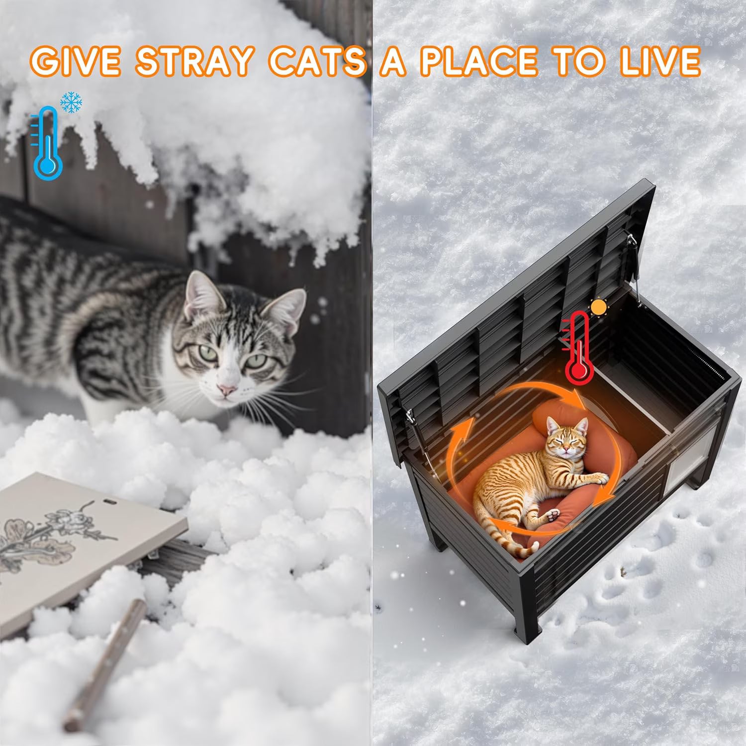 Joxxoaa Weatherproof Resin Outdoor Cat House, Elevated Ventilated Shelter for Cats, Kittens and Small Puppies, Easy to Clean & Assemble.