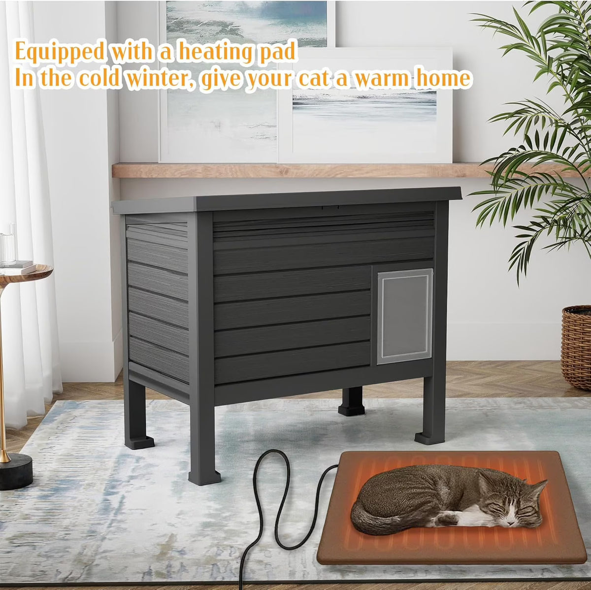 Joxxoaa Outdoor Resin Weatherproof Insulated Elevated Cat House Cabinet with Mat, Ventilated Scratch Resistant Washable Pet Shelter for Cats Kittens Puppies, Black.