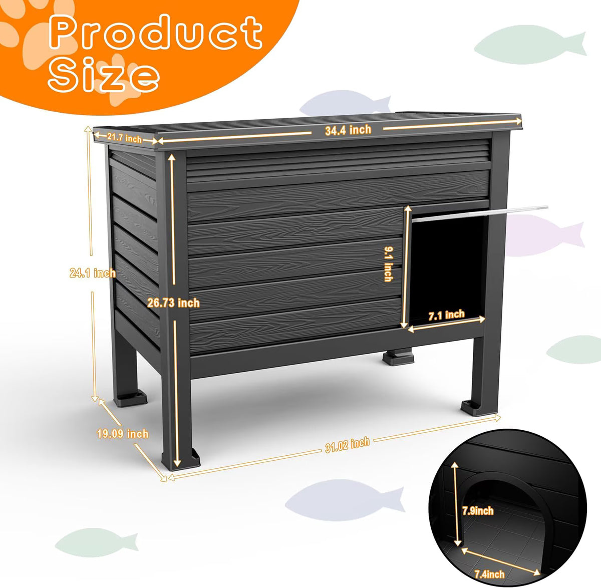 Joxxoaa Weatherproof Resin Outdoor Cat House, Elevated Ventilated Shelter for Cats, Kittens and Small Puppies, Easy to Clean & Assemble.