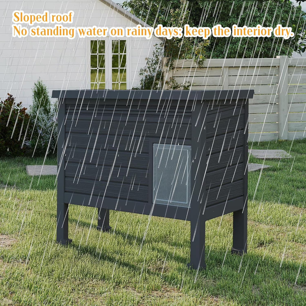 Joxxoaa Outdoor Resin Weatherproof Insulated Elevated Cat House Cabinet with Mat, Ventilated Scratch Resistant Washable Pet Shelter for Cats Kittens Puppies, Black.