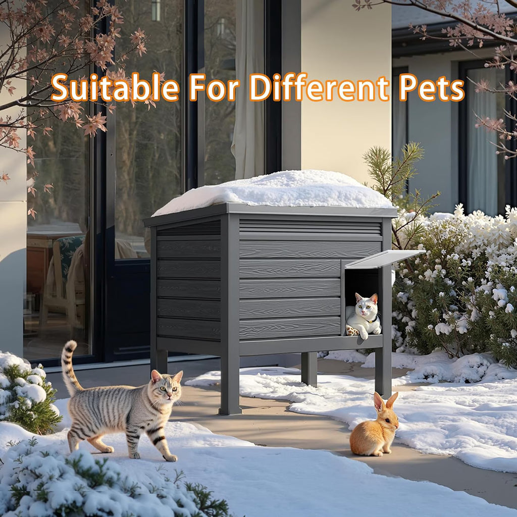 Joxxoaa Weatherproof Resin Outdoor Cat House, Elevated Ventilated Shelter for Cats, Kittens and Small Puppies, Easy to Clean & Assemble.