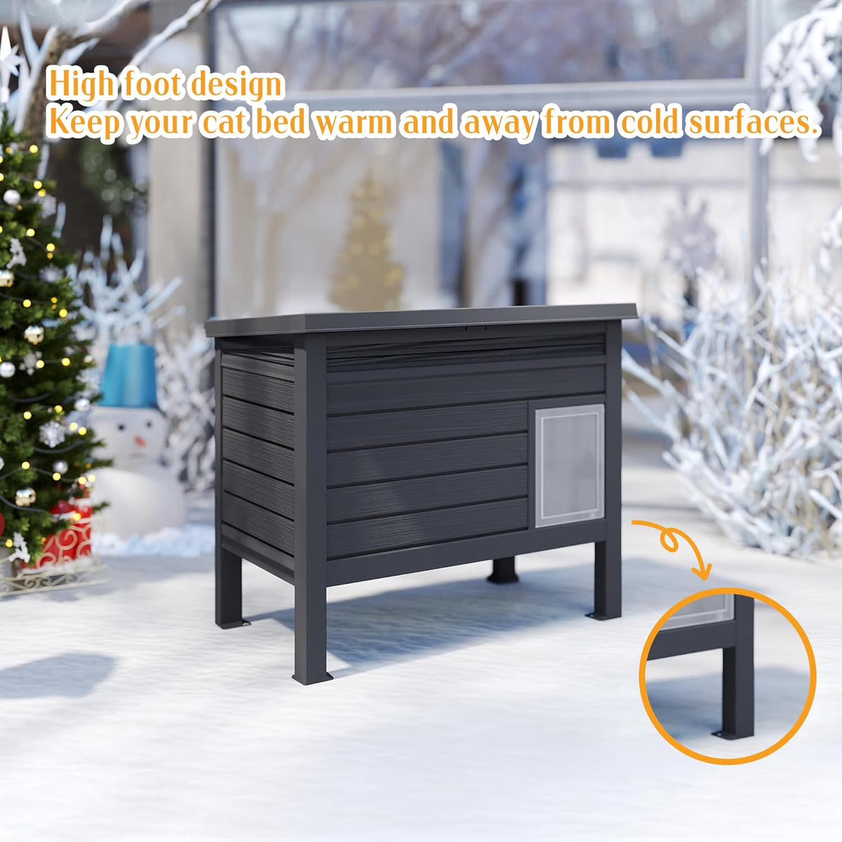 Joxxoaa Outdoor Resin Weatherproof Insulated Elevated Cat House Cabinet with Mat, Ventilated Scratch Resistant Washable Pet Shelter for Cats Kittens Puppies, Black.