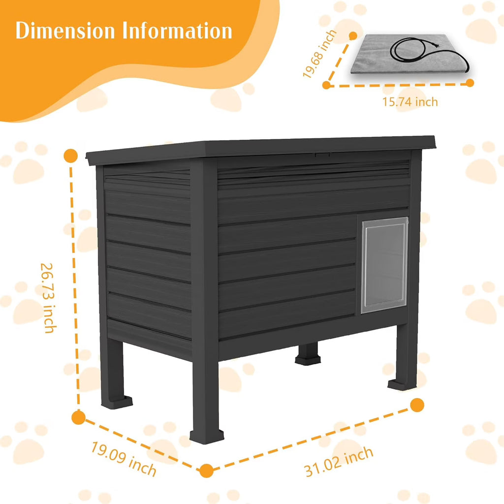 Joxxoaa Outdoor Resin Weatherproof Insulated Elevated Cat House Cabinet with Mat, Ventilated Scratch Resistant Washable Pet Shelter for Cats Kittens Puppies, Black.