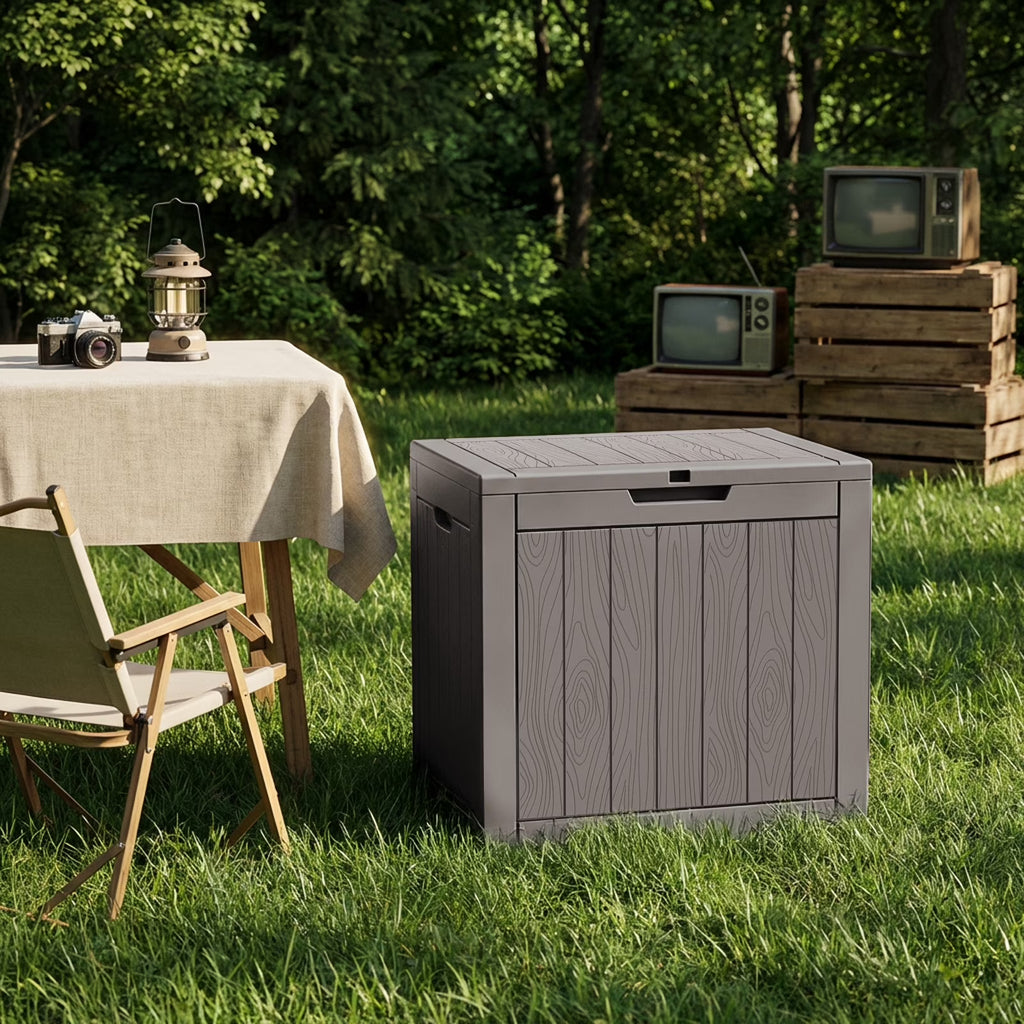 Joxxoaa 30 Gallon Resin Outdoor Storage Box & Patio Side Table for Balcony, Pool, Deck & Garden Accessories, Weather‑Resistant, Black/Brown