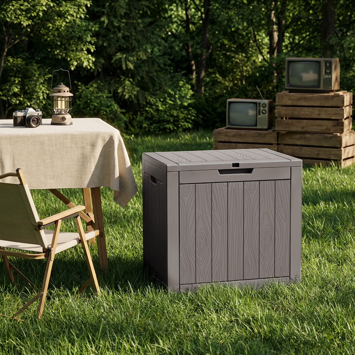 Joxxoaa 30 Gallon Resin Outdoor Storage Box & Patio Side Table for Balcony, Pool, Deck & Garden Accessories, Weather‑Resistant, Black/Brown