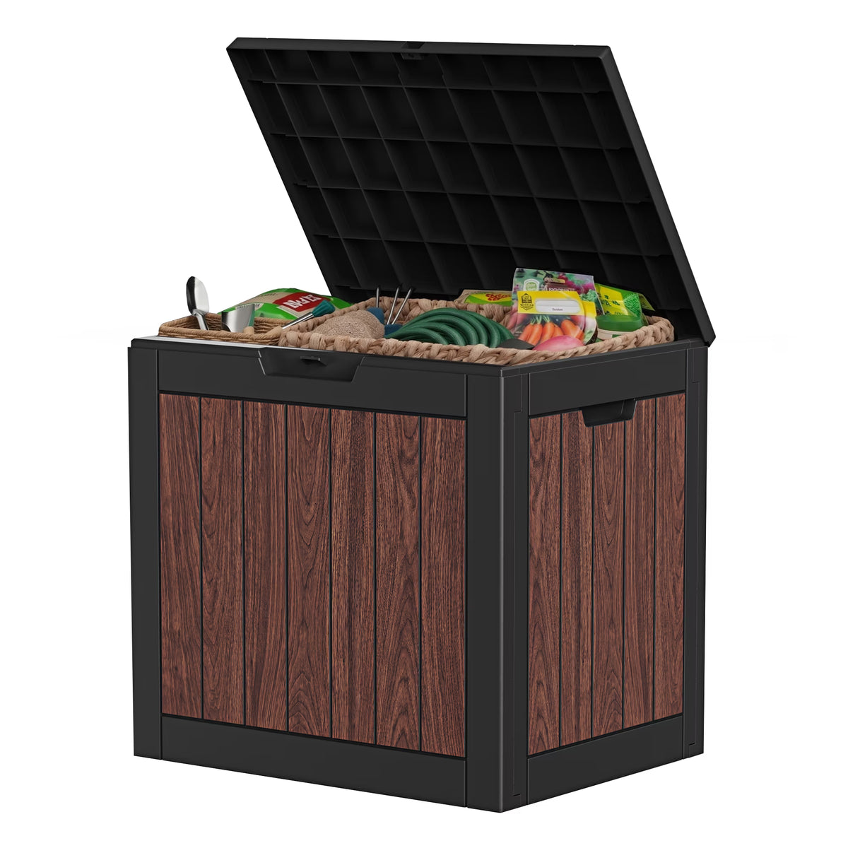 Joxxoaa 30 Gallon Deck Storage Box, Cognac Walnut Print Resin Patio Storage Bin, Waterproof Outdoor Organizer for Patio, Balcony, Yard and Home Use