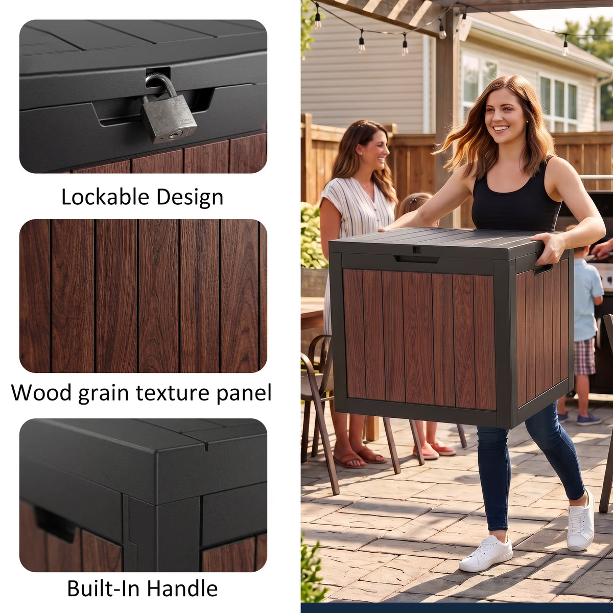 Joxxoaa 30 Gallon Deck Storage Box, Cognac Walnut Print Resin Patio Storage Bin, Waterproof Outdoor Organizer for Patio, Balcony, Yard and Home Use