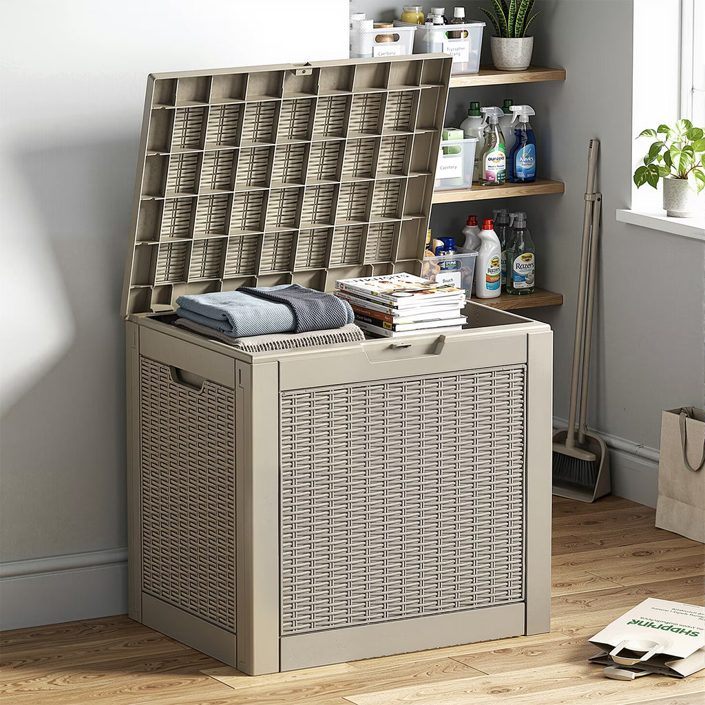 Joxxoaa 30 Gallon Resin Deck Box, Gray Lockable Patio Outdoor Storage Box for Cushions, Garden Tools and Outdoor Supplies