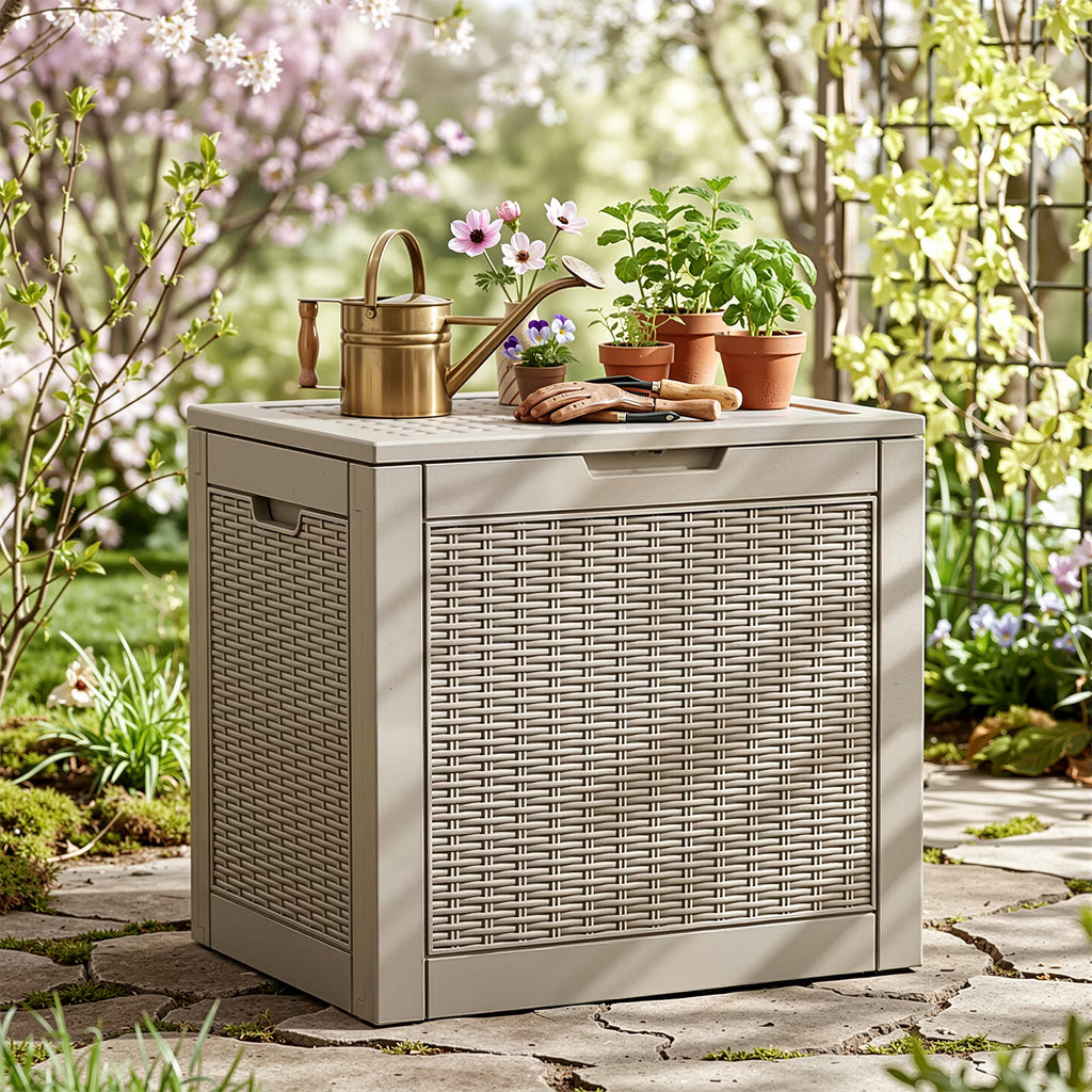 Joxxoaa 30 Gallon Resin Deck Box, Gray Lockable Patio Outdoor Storage Box for Cushions, Garden Tools and Outdoor Supplies