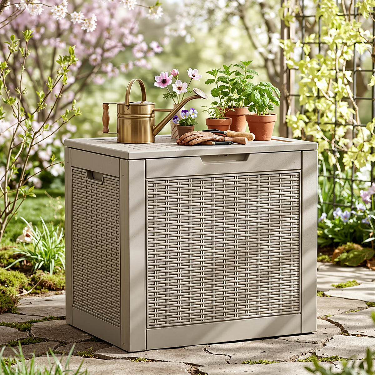 Joxxoaa 30 Gallon Resin Deck Box, Gray Lockable Patio Outdoor Storage Box for Cushions, Garden Tools and Outdoor Supplies