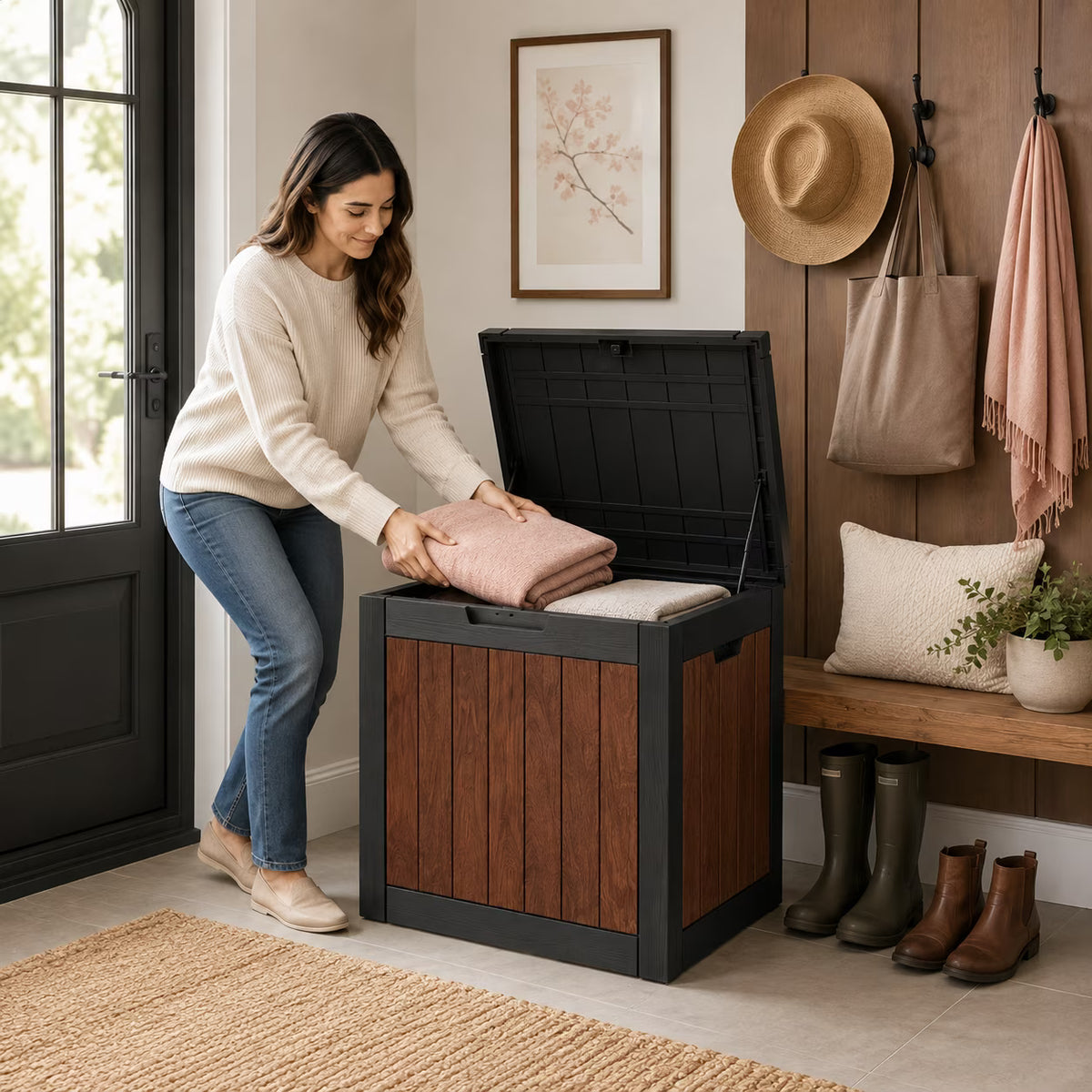 Joxxoaa 30 Gallon Deck Storage Box, Cognac Walnut Print Resin Patio Storage Bin, Waterproof Outdoor Organizer for Patio, Balcony, Yard and Home Use