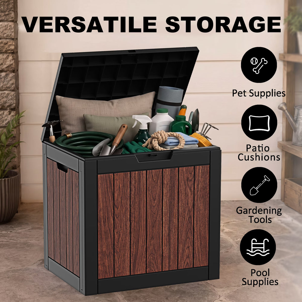 Joxxoaa 30 Gallon Deck Storage Box, Cognac Walnut Print Resin Patio Storage Bin, Waterproof Outdoor Organizer for Patio, Balcony, Yard and Home Use