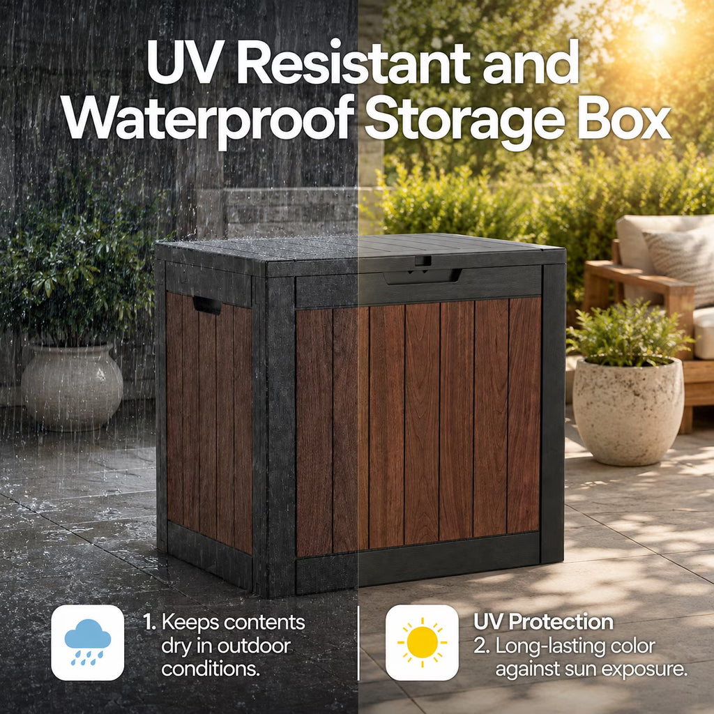 Joxxoaa 30 Gallon Deck Storage Box, Cognac Walnut Print Resin Patio Storage Bin, Waterproof Outdoor Organizer for Patio, Balcony, Yard and Home Use