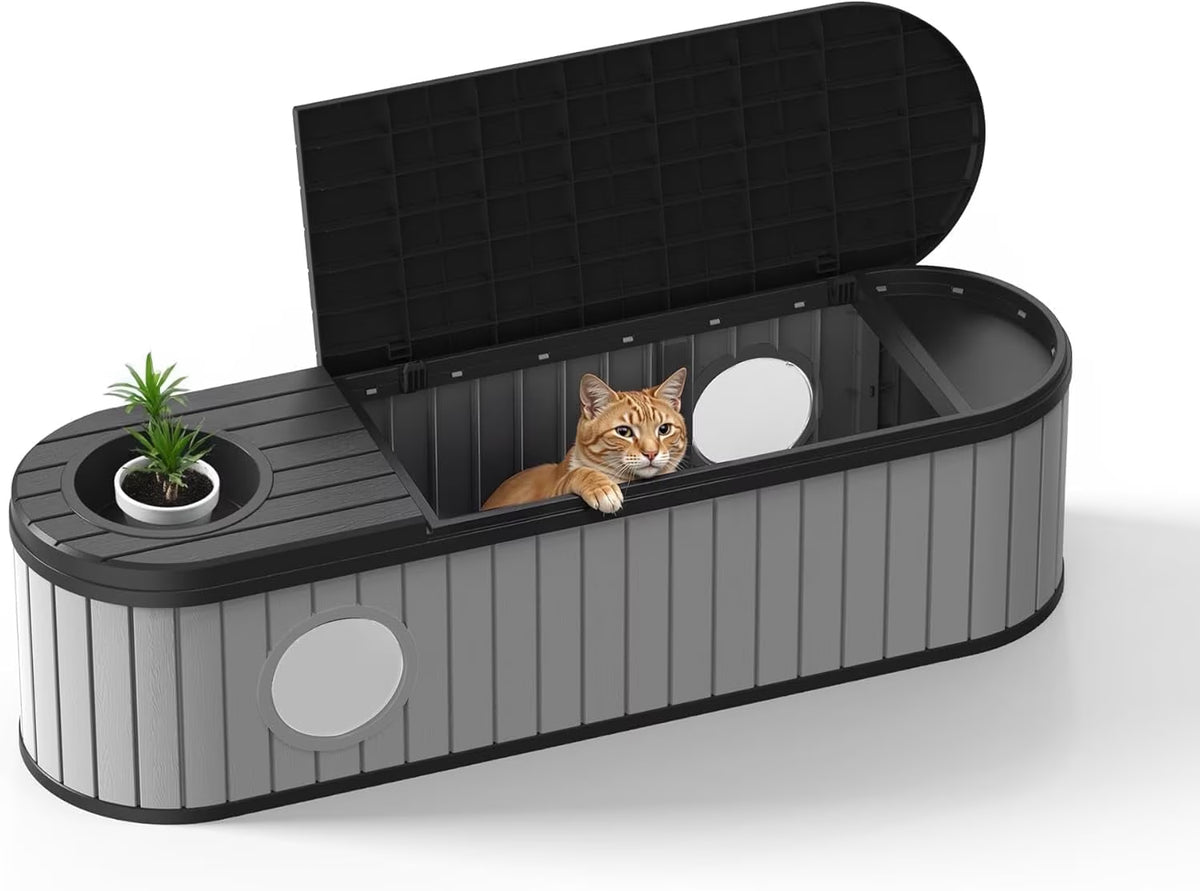 Joxxoaa Outdoor Resin Weatherproof Cat House, Insulated Ventilated Pet Shelter for Cats Kittens Puppies, Scratch Resistant Washable Design, Gray