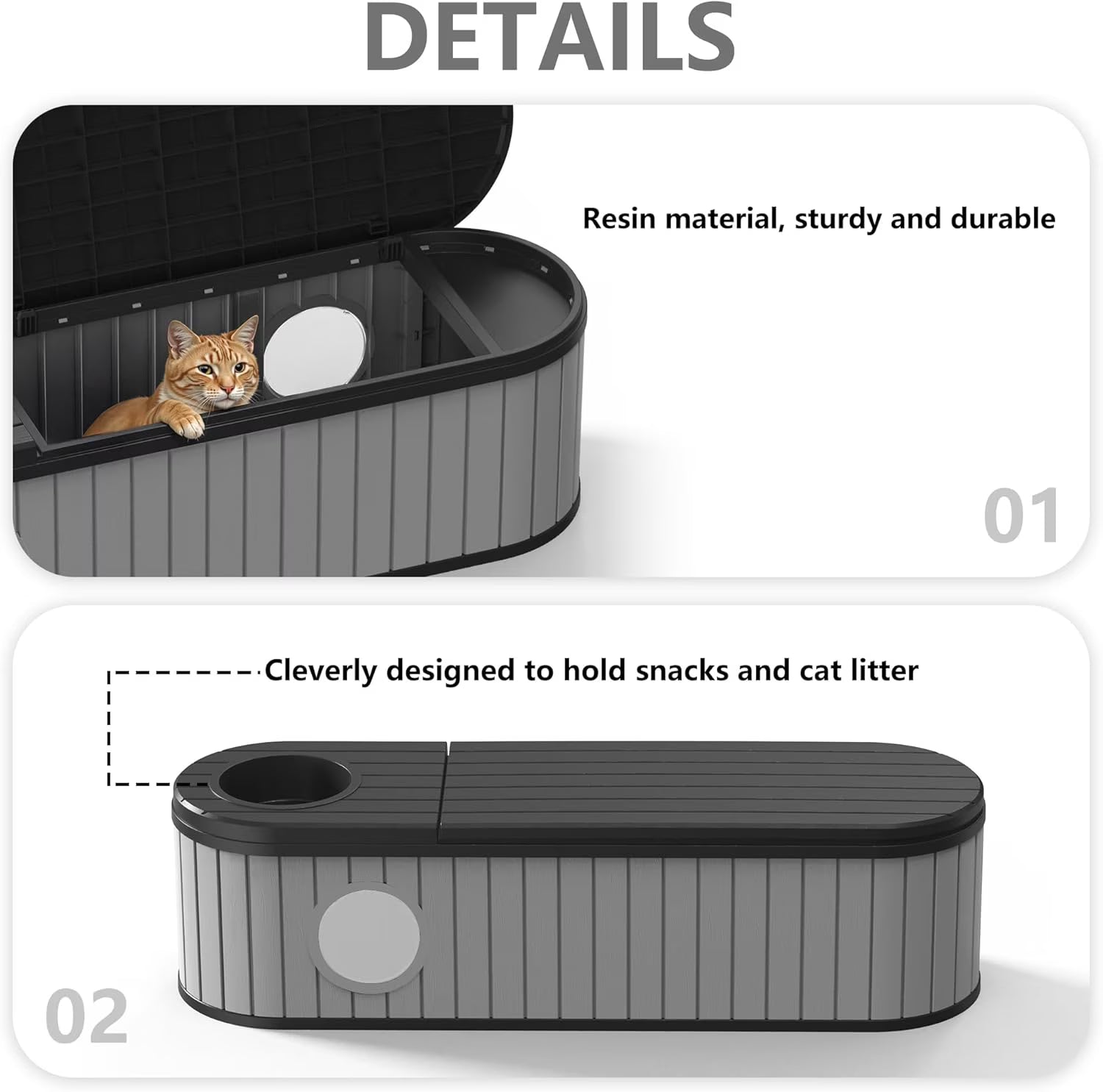 Joxxoaa Outdoor Resin Weatherproof Cat House, Insulated Ventilated Pet Shelter for Cats Kittens Puppies, Scratch Resistant Washable Design, Gray