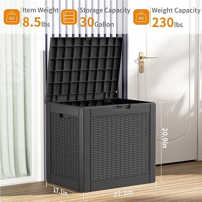 Joxxoaa 30 Gallon Resin Deck Box, Lockable Patio Outdoor Storage Box for Furniture, Garden Tools and Tools Storage, Waterproof Outside Storage Boxes - Black