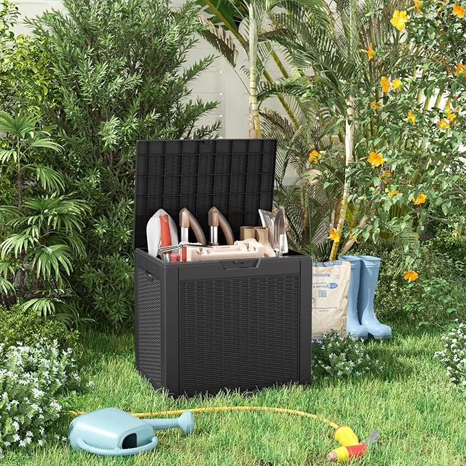 Joxxoaa 30 Gallon Resin Deck Box, Lockable Patio Outdoor Storage Box for Furniture, Garden Tools and Tools Storage, Waterproof Outside Storage Boxes - Black