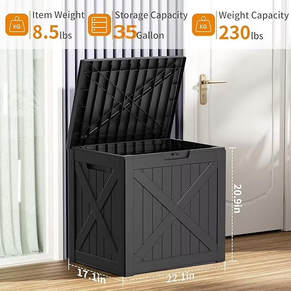 Joxxoaa Black 32 Gallon UV Resistant Resin Deck Box, Lockable Waterproof Outdoor Storage Container for Patio Cushions Garden Tools Balcony Porch Use.