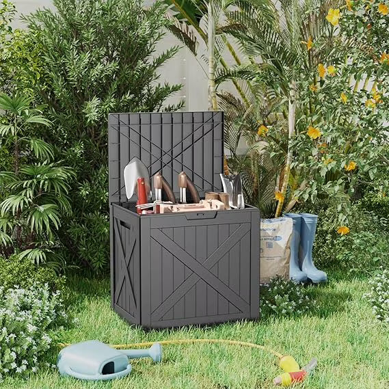 Joxxoaa Black 32 Gallon UV Resistant Resin Deck Box, Lockable Waterproof Outdoor Storage Container for Patio Cushions Garden Tools Balcony Porch Use.