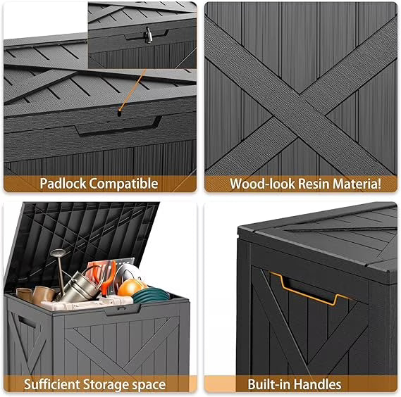 Joxxoaa Black 32 Gallon UV Resistant Resin Deck Box, Lockable Waterproof Outdoor Storage Container for Patio Cushions Garden Tools Balcony Porch Use.