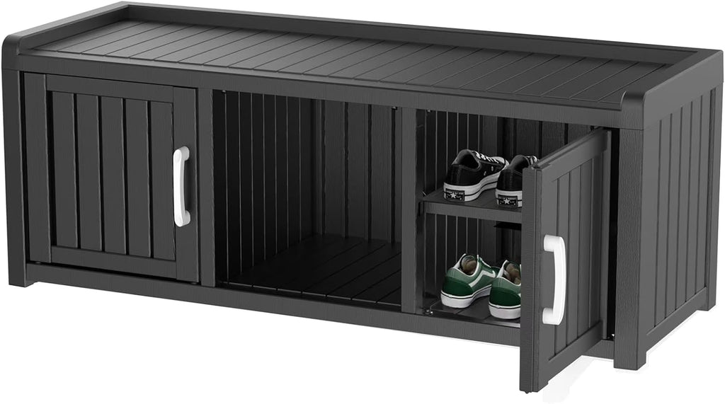 Joxxoaa storage Benches 120 Gallon 2-Door Shoe Cabinet – Resin Shoe Bench with Storage for Shoes & Accessories (Black, Two-Door)